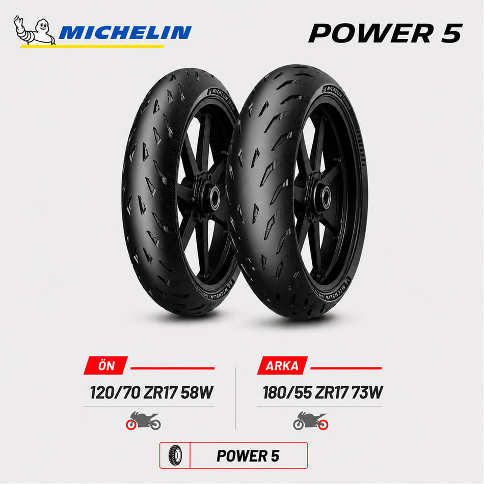 Michelin Power 5 120/70 ZR17 58W - 180/55 ZR17 73W Ön Arka Motosiklet Lastik Takımı