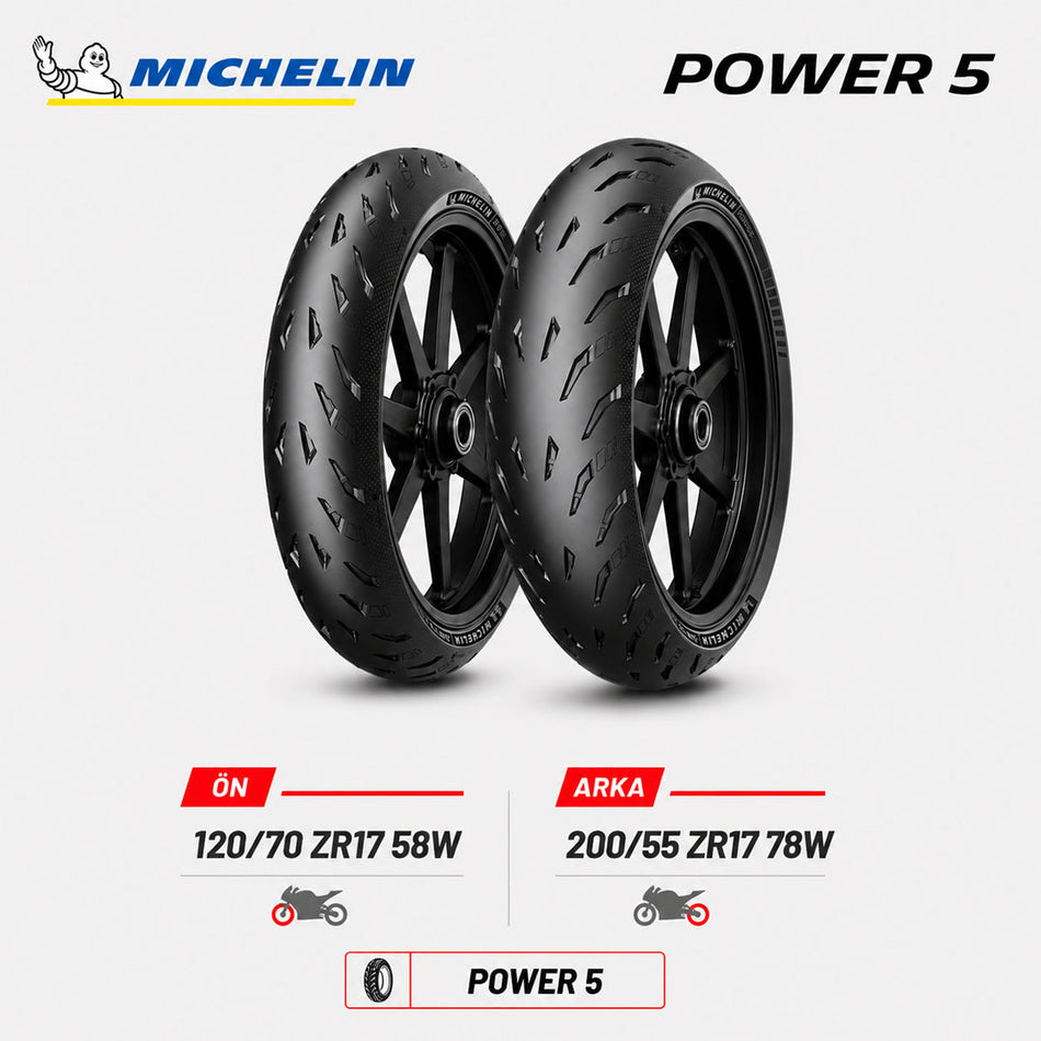 Michelin Power 5 120/70 ZR17 58W - 200/55 ZR17 78W Ön Arka Motosiklet Lastik Takımı