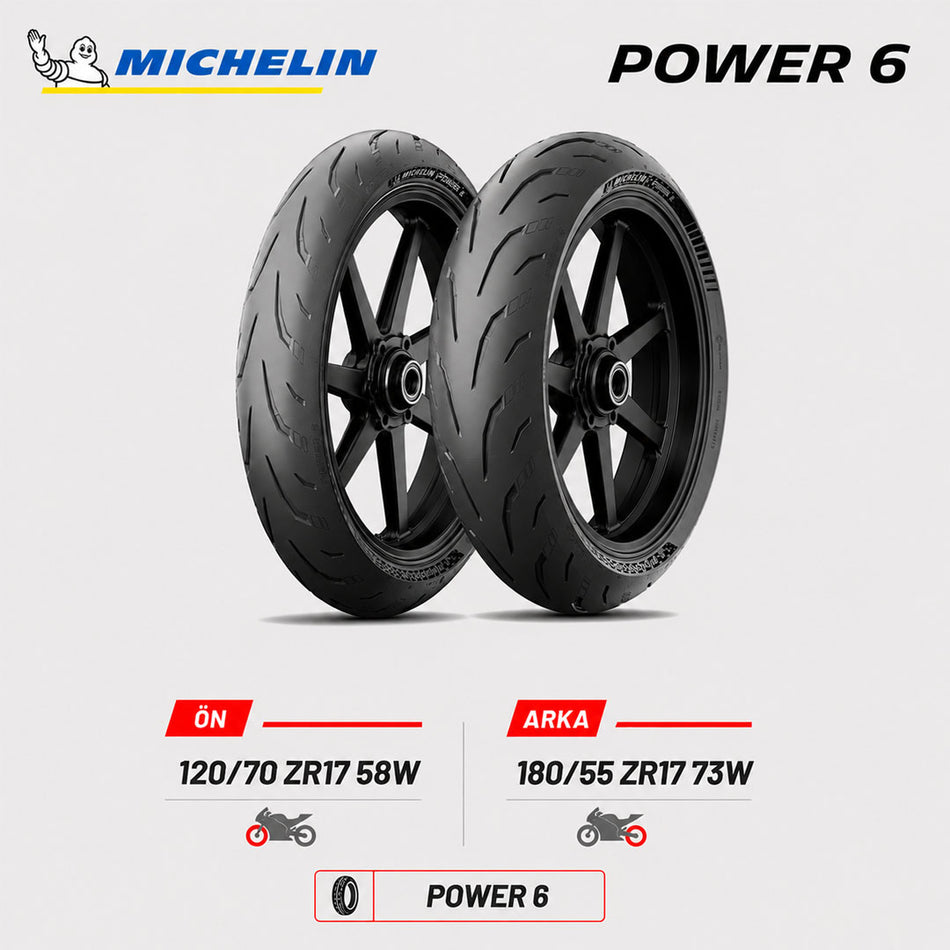 Michelin Power 6 120/70 ZR17 58W - 180/55 ZR17 73W Ön Arka Motosiklet Lastik Takımı